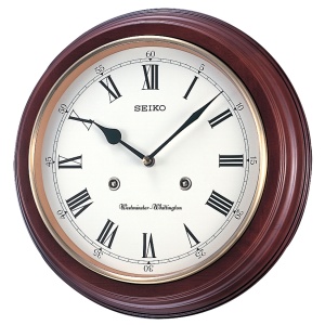 Seiko 12" Round Wooden Grain Finish Wall Clock with Dual Quarter Hour Chimes