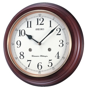 Seiko 12" Round Wooden Grain Finish Wall Clock with Dual Quarter Hour Chimes